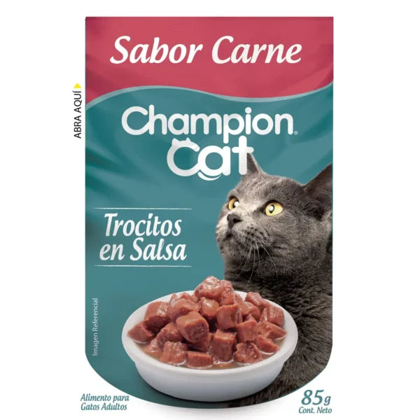 Champion Cat Trocitos en Salsa Sabor Carne para Gatos Adultos 85g