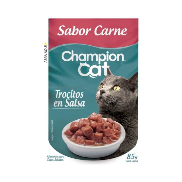 Champion Cat Trocitos en Salsa Sabor Carne para Gatos Adultos 85g